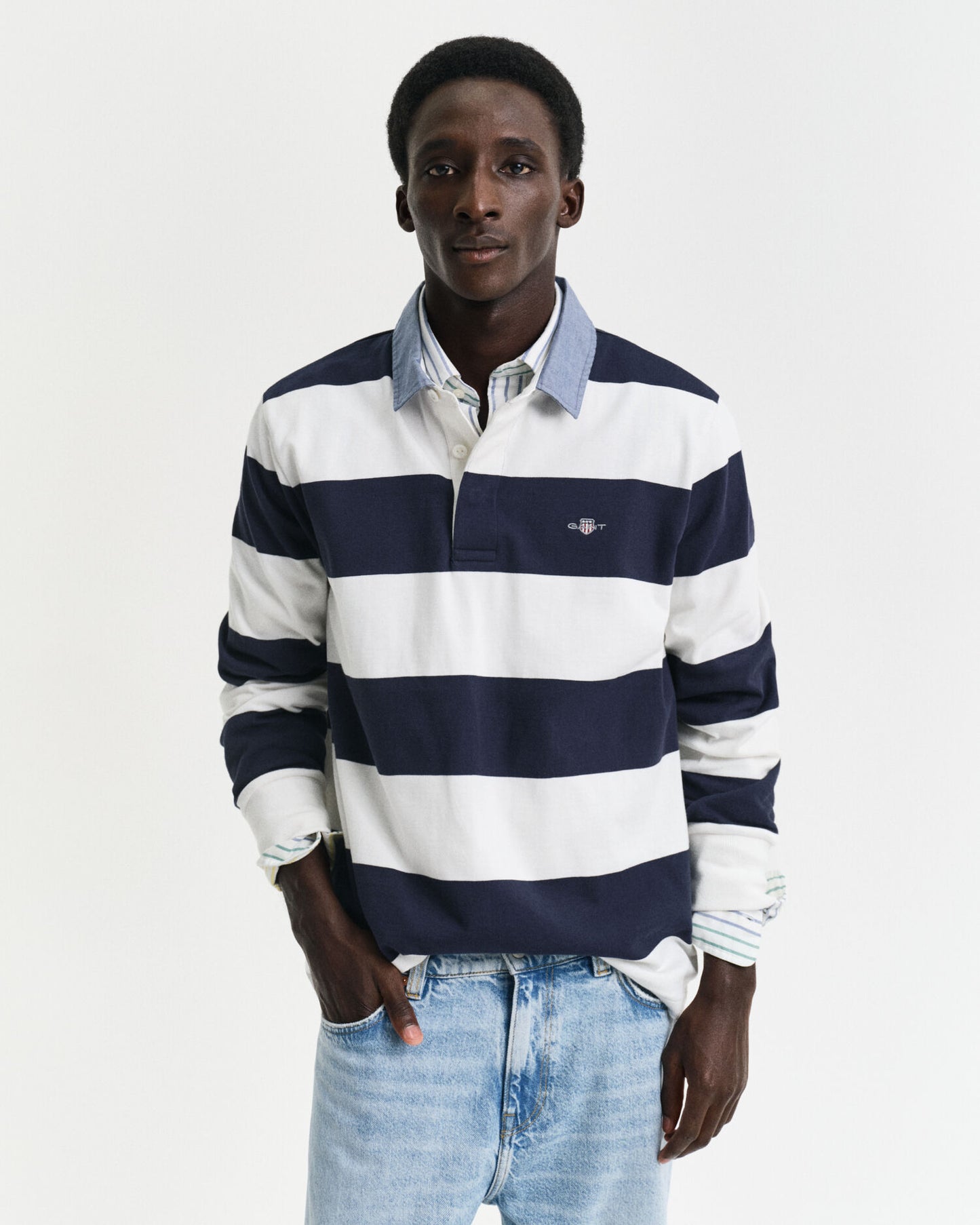 Polo lourd rayé à col en chambray