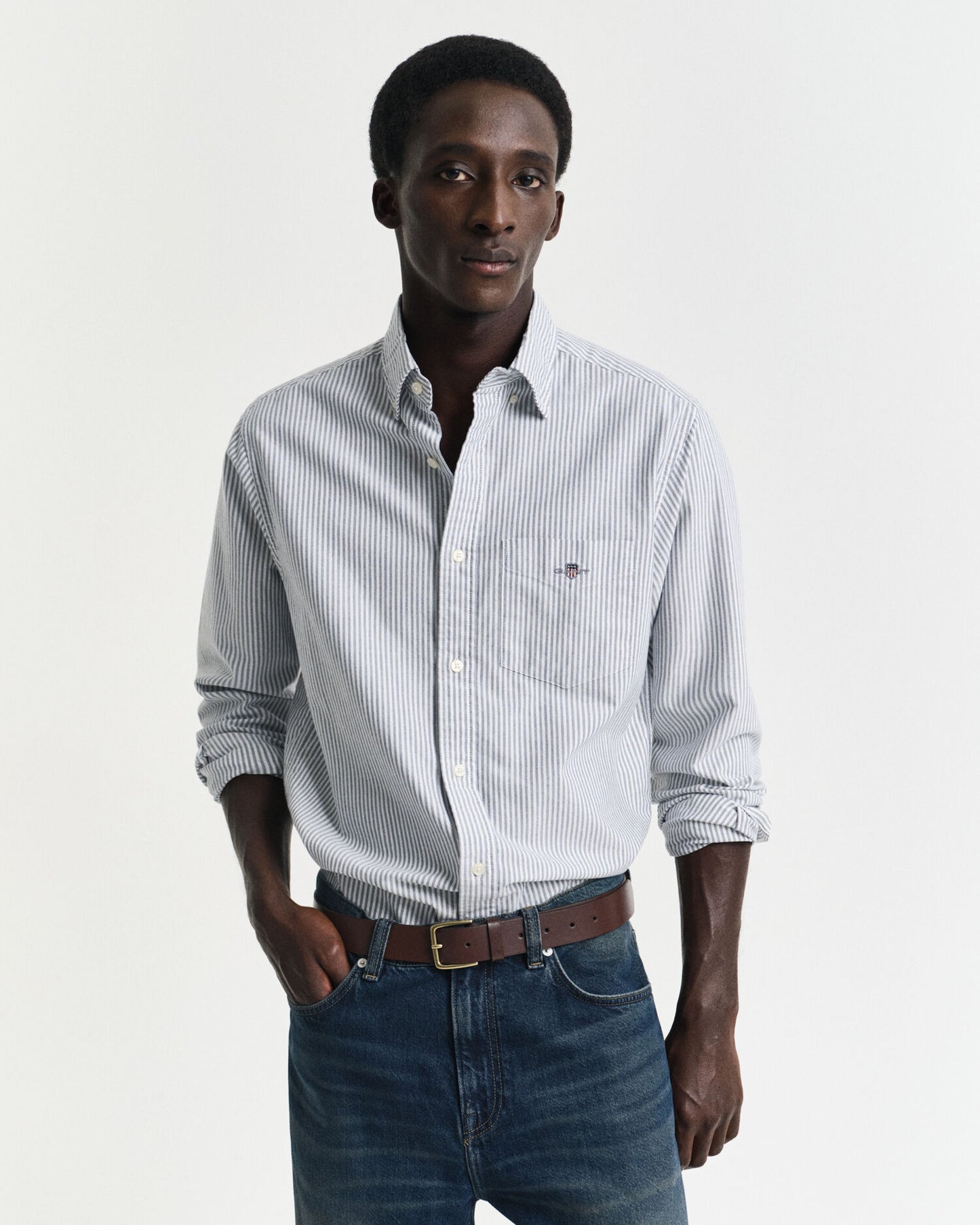 Chemise Oxford classique à rayures banquier coupe droite