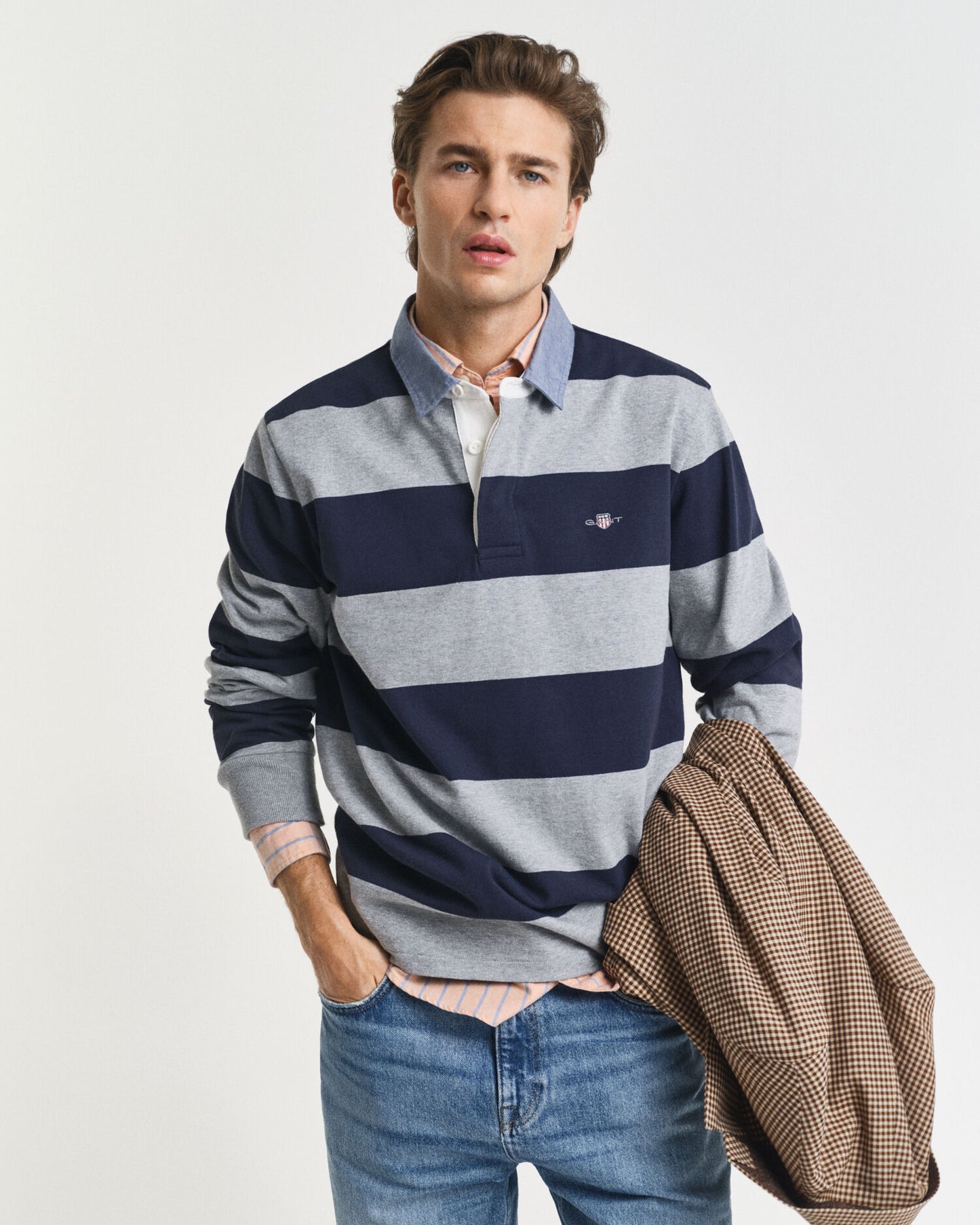 Rugger épais rayé à col chambray
