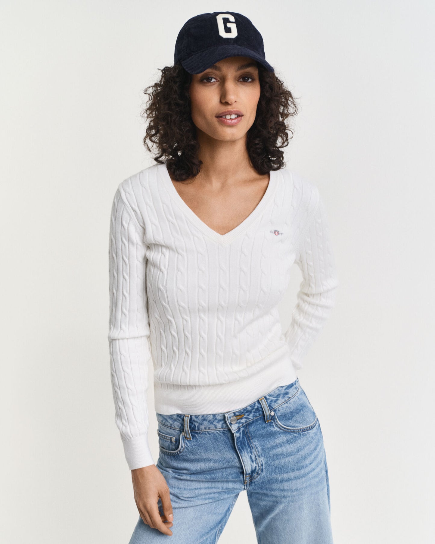 Pull col V en tricot torsadé de coton extensible