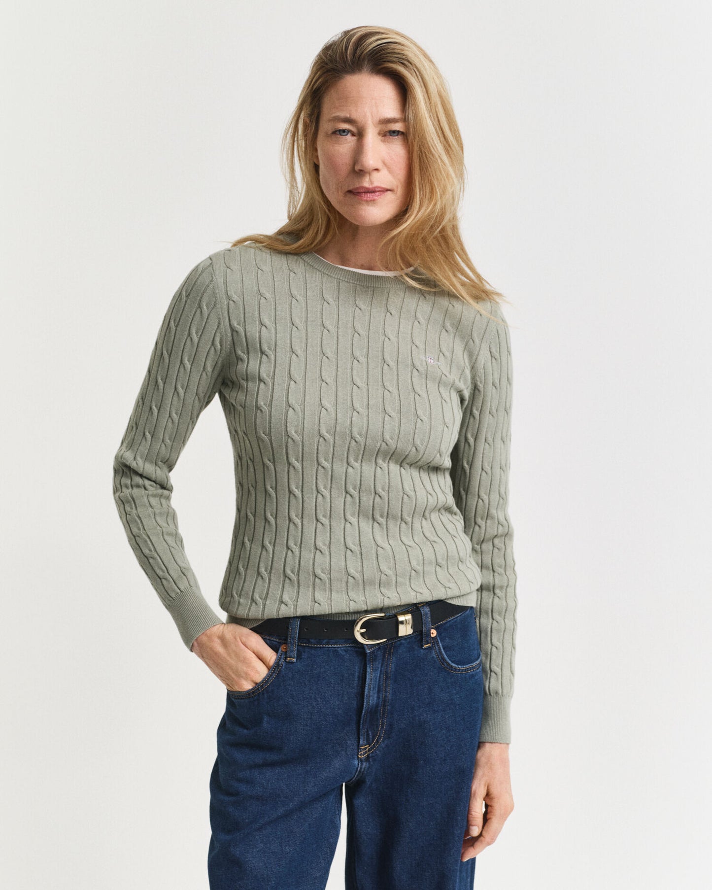 Pullover aus Baumwollstretch mit Zopfmuster am Rundhalsausschnitt