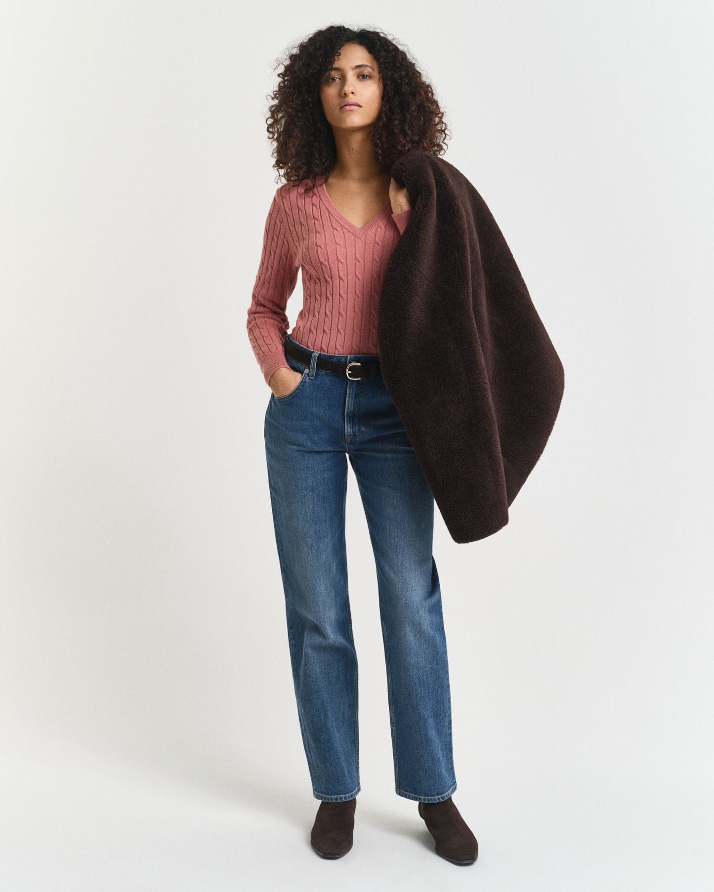 Pull col V en tricot torsadé de coton extensible