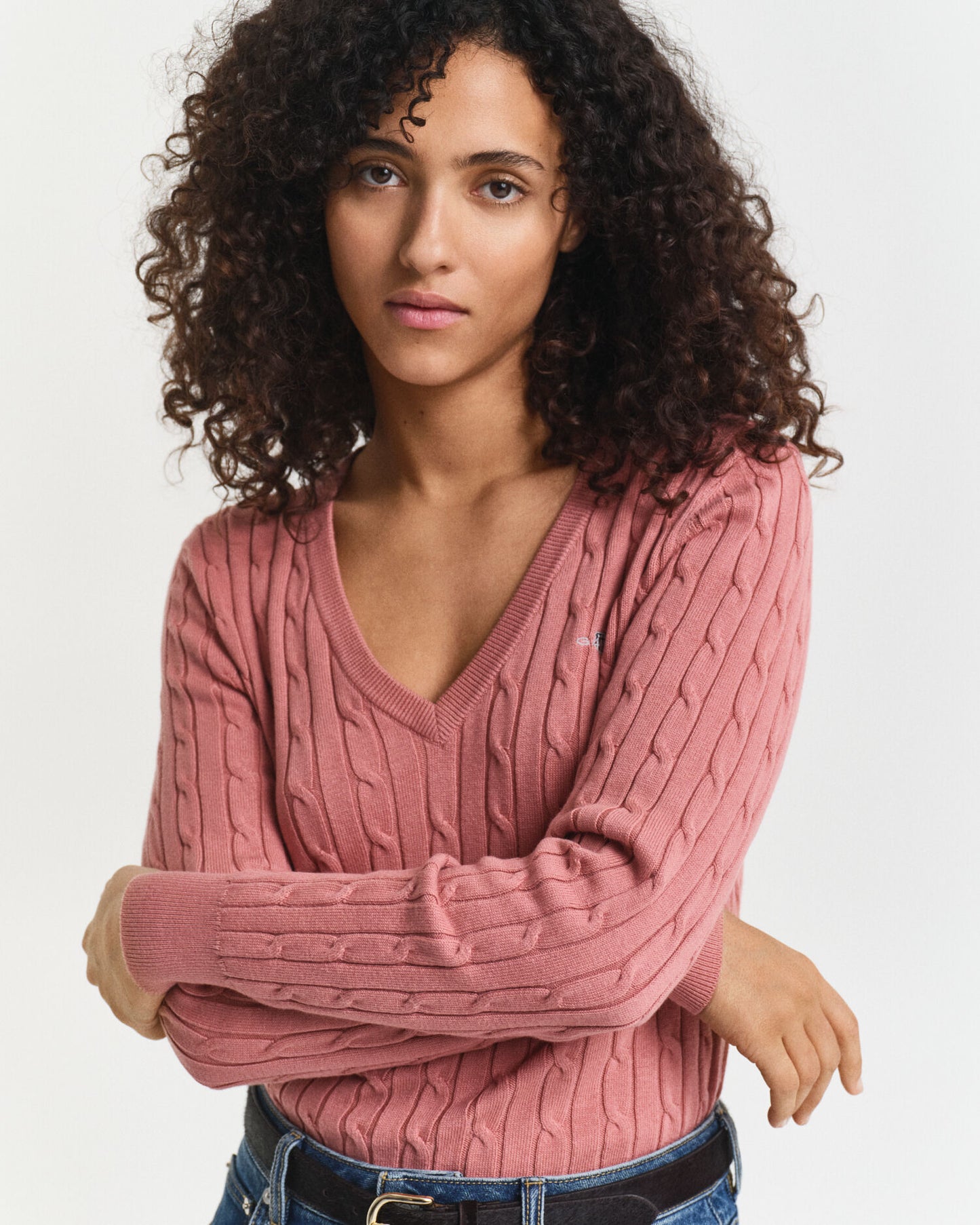 Pull col V en tricot torsadé de coton extensible