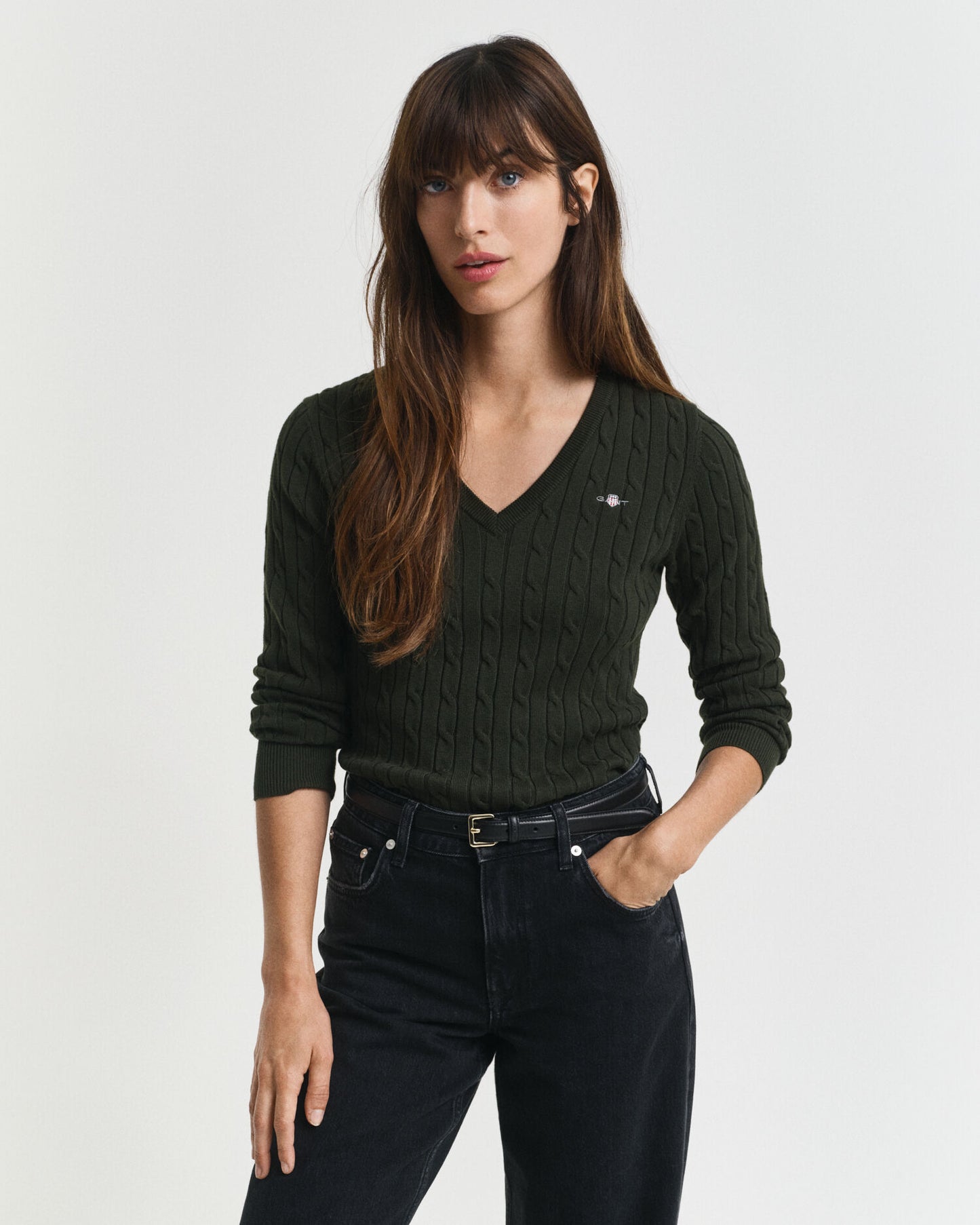 Pull col V en tricot torsadé de coton extensible