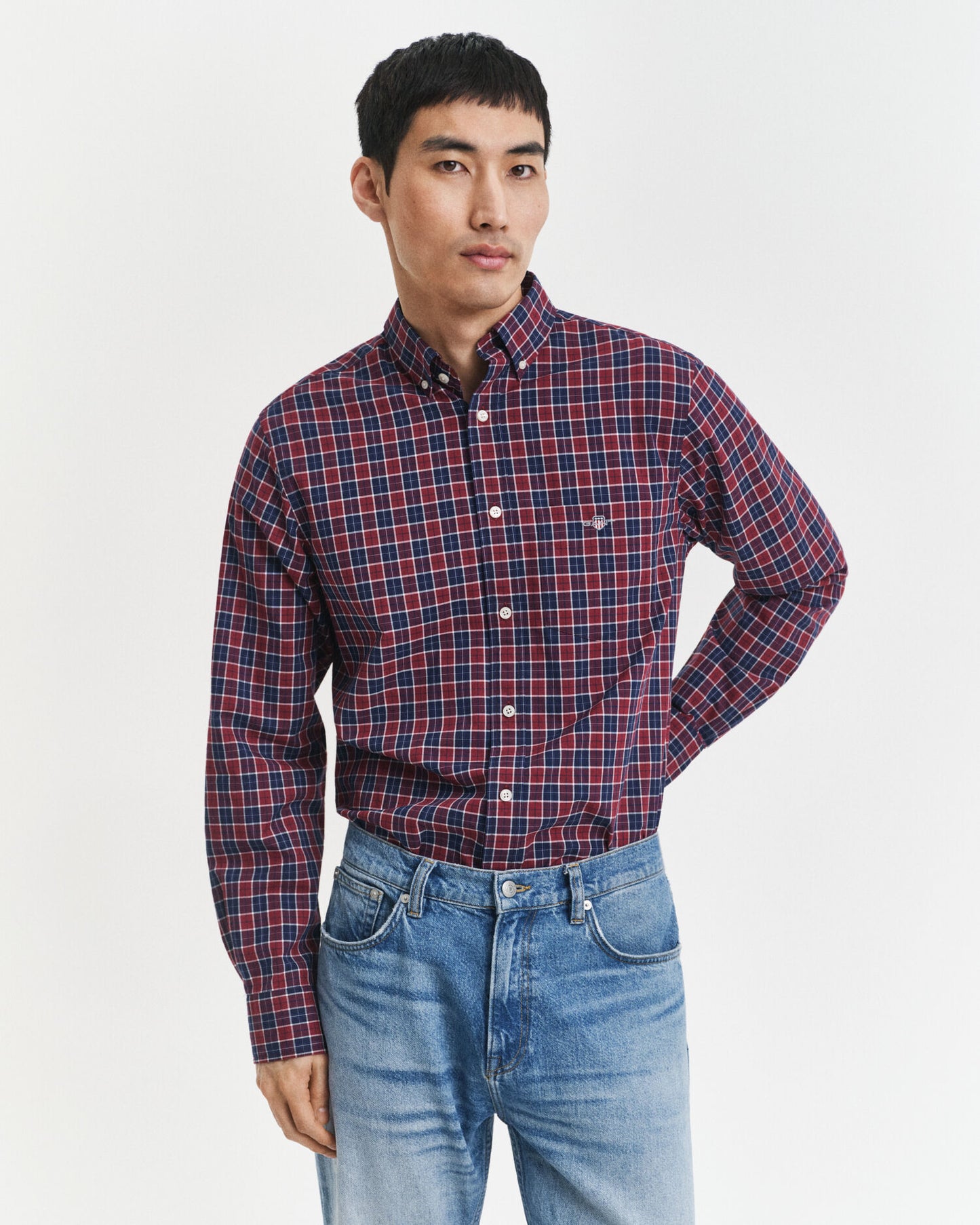 Chemise classique à carreaux en popeline coupe droite