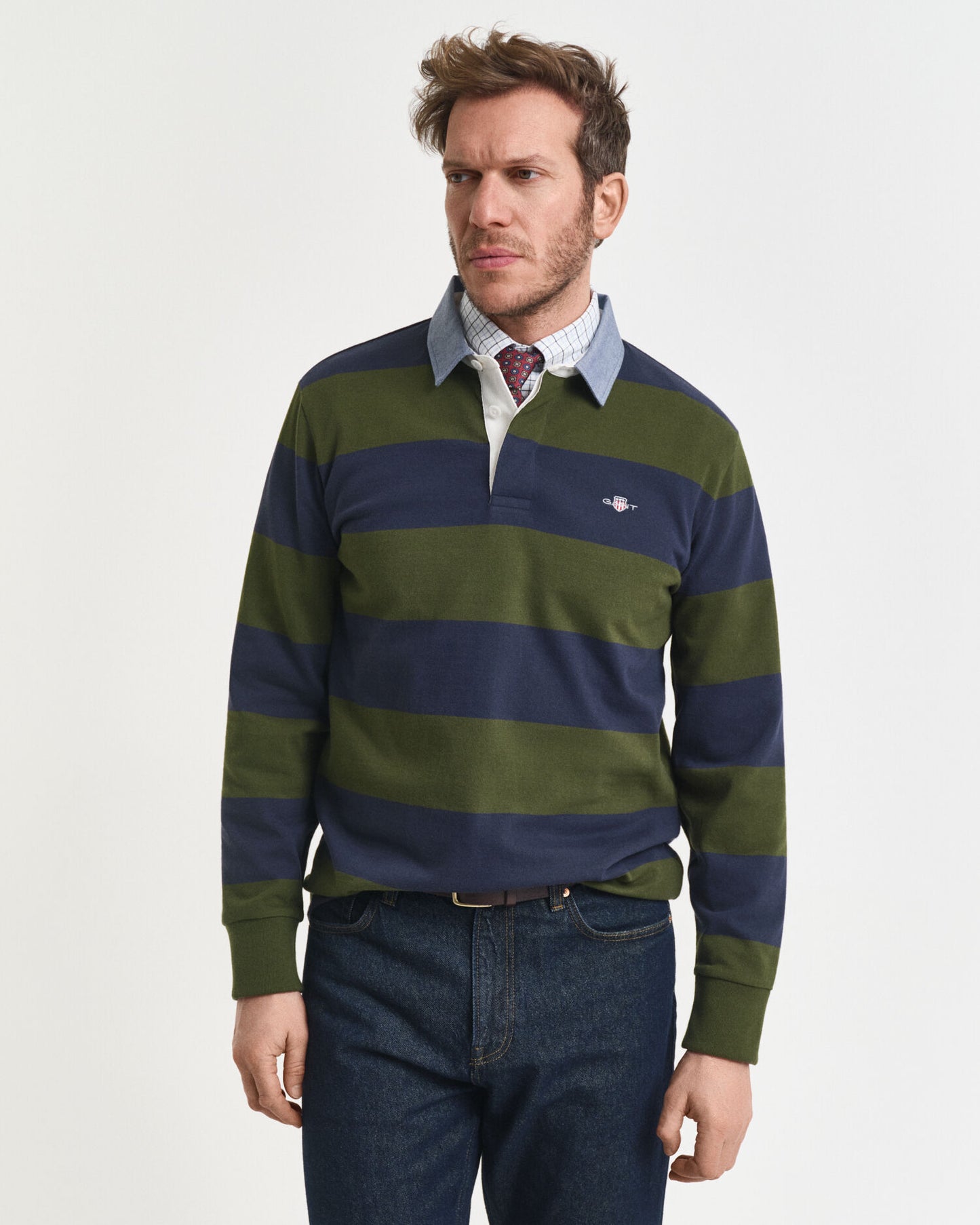 Polo lourd rayé à col en chambray