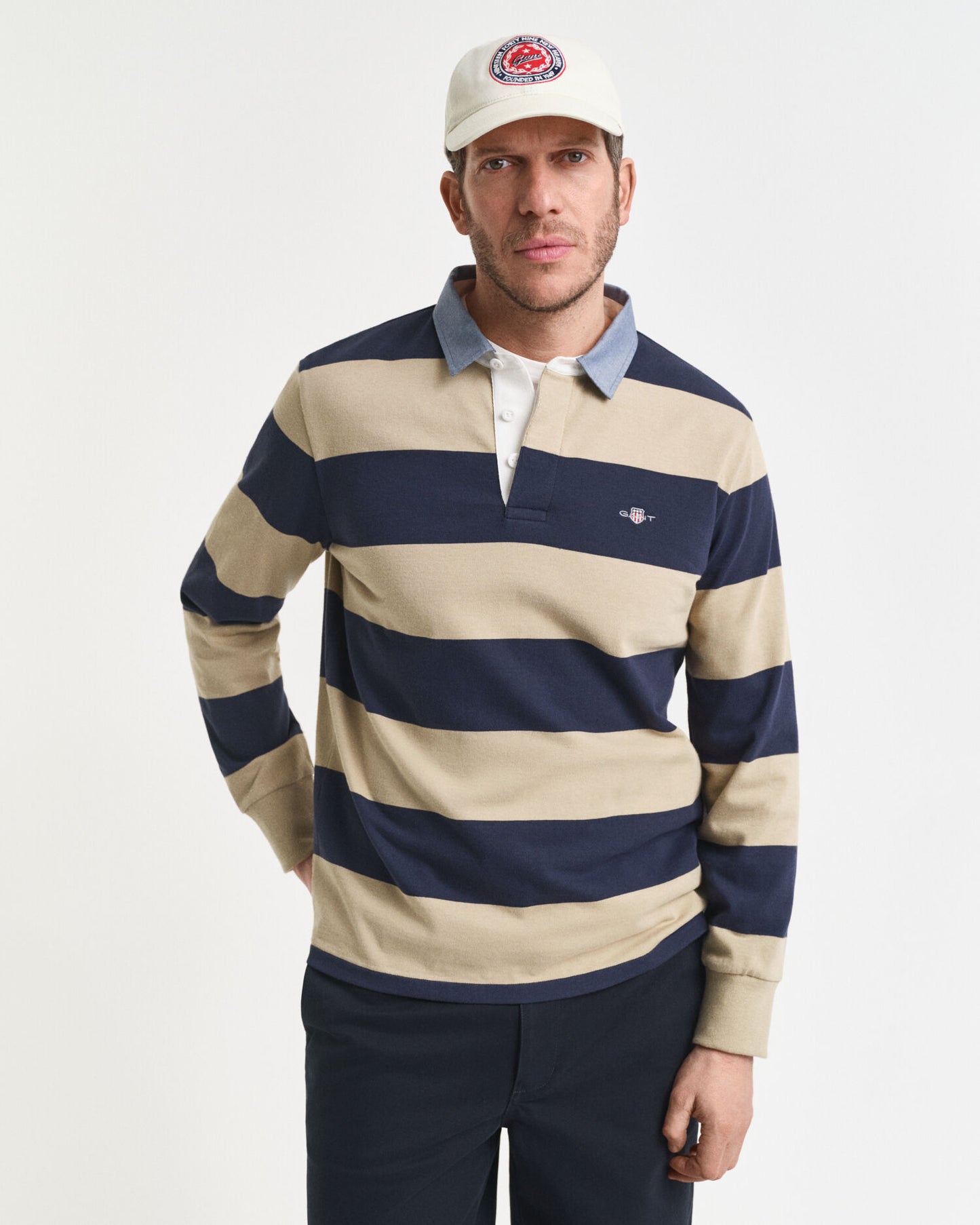 Polo lourd rayé à col en chambray
