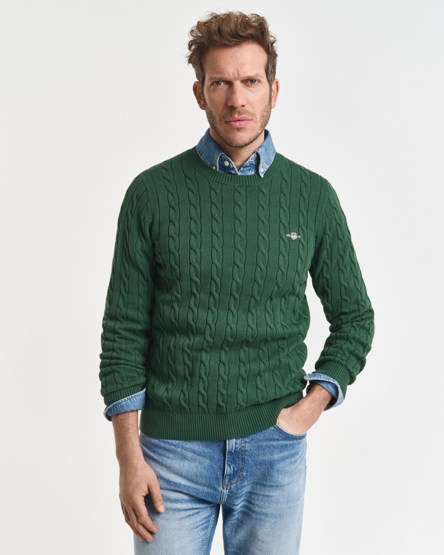 Pullover aus Baumwollzopfstrick mit Rundhalsausschnitt