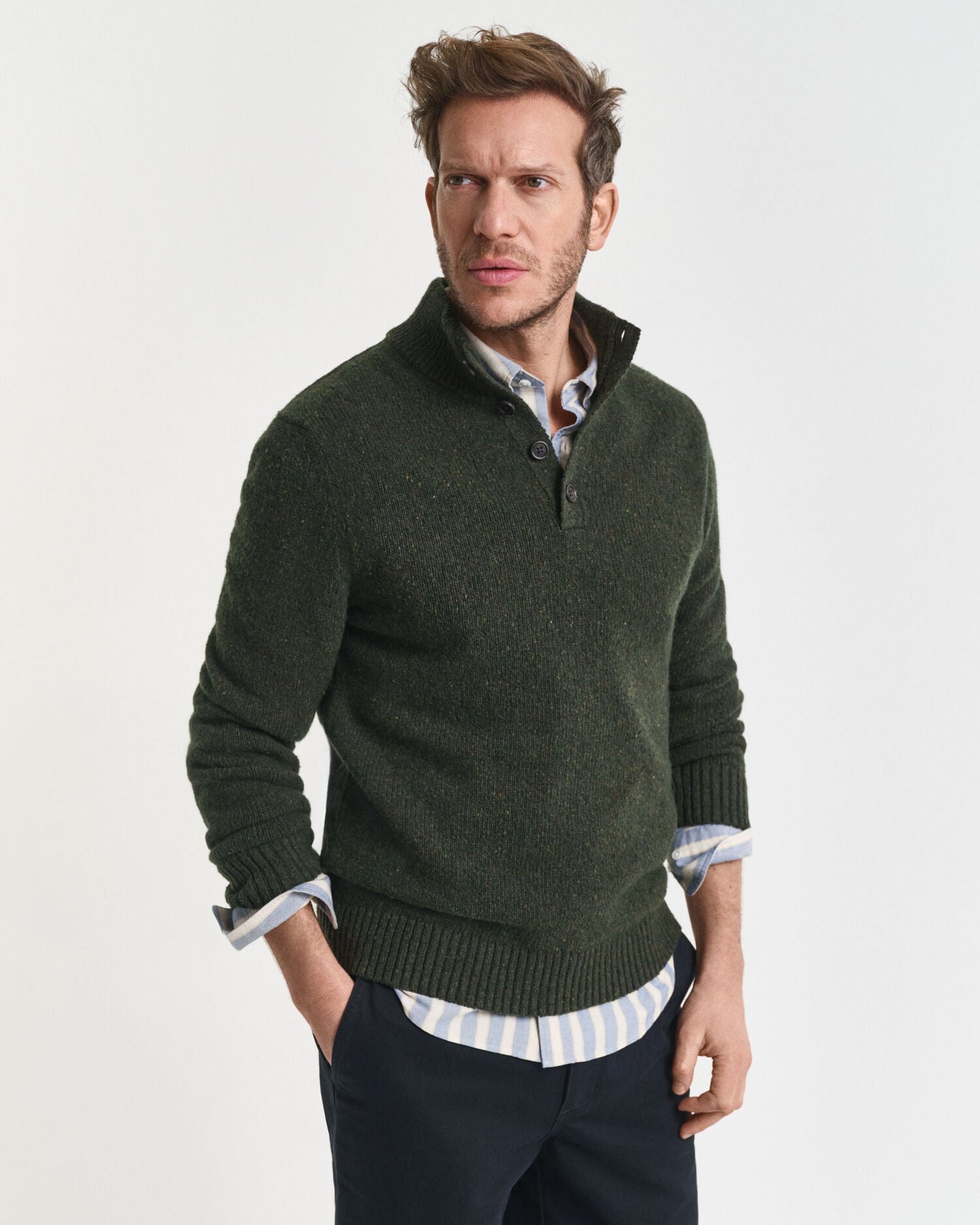Wollmischgewebe-Sweater mit halber Knopfleiste und Noppenstruktur