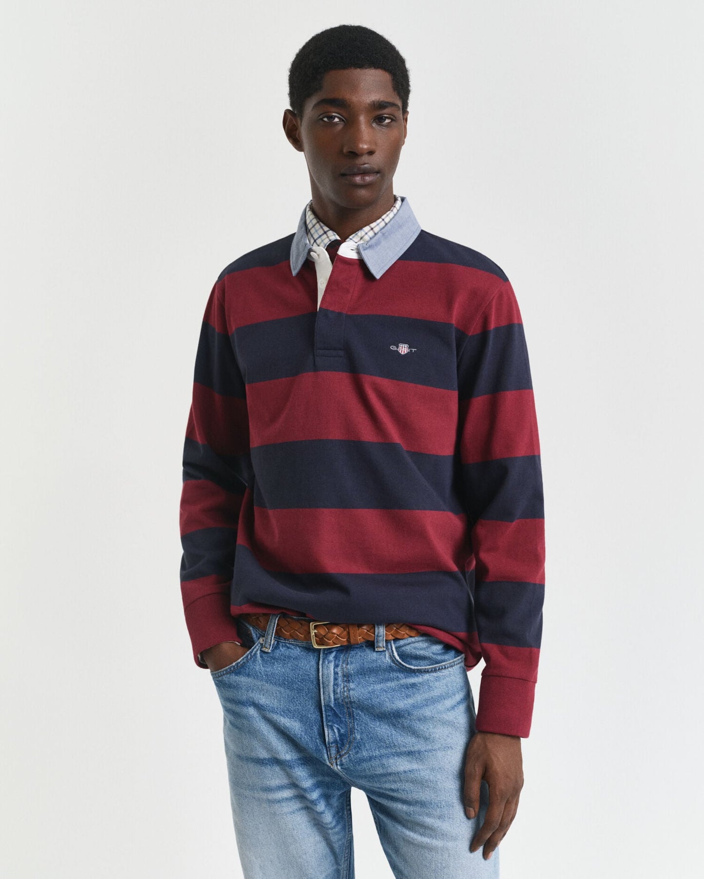 Polo lourd rayé à col en chambray